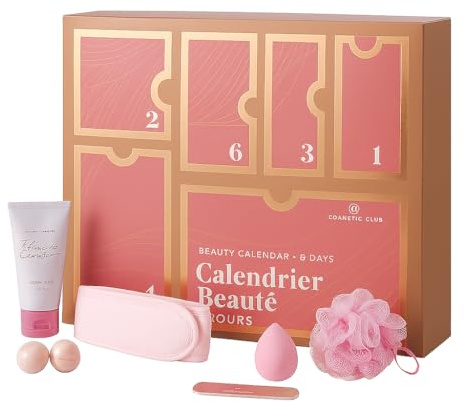 Beauty Adventskalender – 6-Tage Luxus Pflegeset mit Kirschblütenduft, Duschgel & Gesichtsband – Wellness Geschenk für Frauen – Rosa Geschenkbox