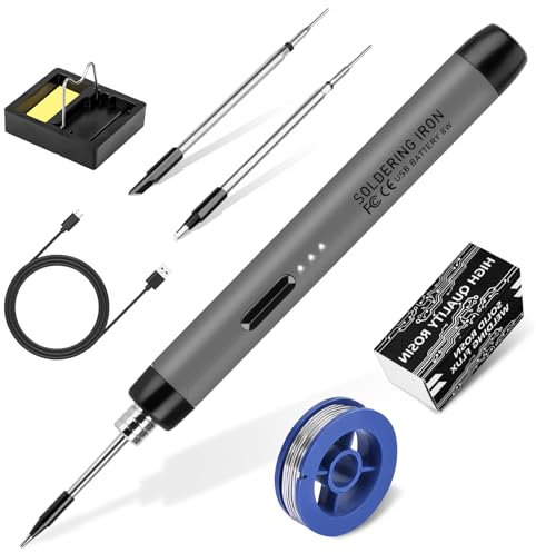 Cordless Soldering Iron Kit, USB Soldering Iron with 3 Temperature Adjustable 300℃-450℃, 3 Soldering Tips, Mini Stand, Solder Wire, Solder Paste, Solder Iron Set for Welding Repair - Grey