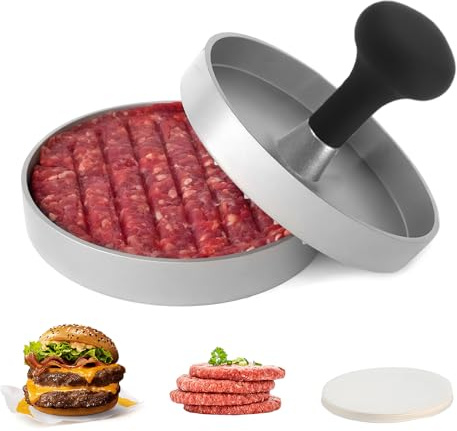 Presse à hamburger 11,7 cm en aluminium de qualité alimentaire, antiadhésive, avec 100 feuilles de papier ciré, pour griller et cuisiner
