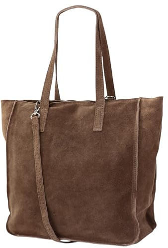 Damen Henkeltasche aus echtem Wildleder – Mittelgroßer Shopper Schulterriemen – Handtasche Schultertasche mit Reißverschluss & Innenfach 37x13x29 cm Cristina G566 (Dunkeltaupe)