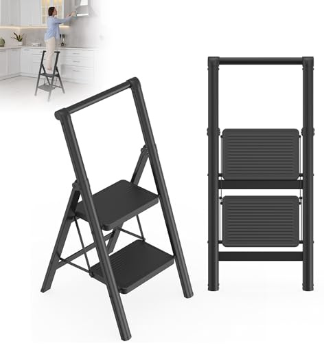 XMTECH Stegstege 2 steg med ledstång vikbar, stege hopfällbar stegpall med bred halkfri pedal, bärbar stegstege, stegpall, kan belastas upp till 270 kg, för hushåll, kontor