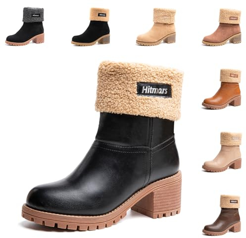 Hitmars Stivali Invernali Donna con Tacco Stivaletti Scarponcini da Neve Caldo Scarpe Donna Invernali Inverno Antiscivolo Comodi B Nero 39