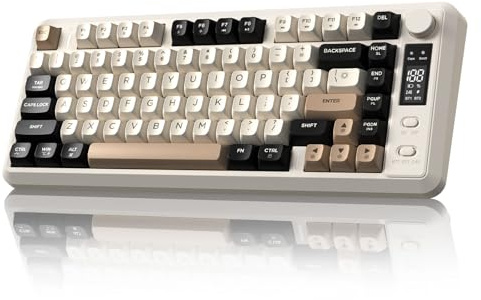 FREEWOLF M75 Teclado inalámbrico de Modo Dual, BT+2.4G, Control de Perilla y Pantalla, Teclas PBT compactas con Degradado de 82 Teclas, luz arcoíris, QWERTY, Anti-ghosting Completo para Mac/Win-Queso