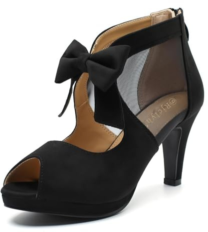 Rjclyh Women's Peep Toe Platform High Heel with Bow Pumps Cutout Mesh Chunky Heel Dress Sandals, Back Zipper, Party Wedding Shoes Black 8.5