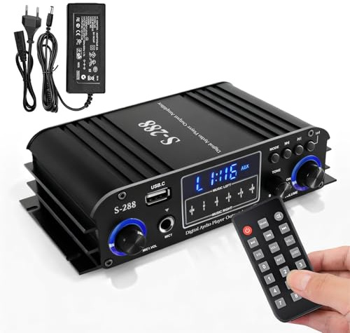 Amplificador de 4 canales, amplificador de potencia de audio de 1200 W, Bluetooth 5.0, 30 Wx4 con USB/micrófono/FM con mando a distancia, amplificador de altavoz integrado de alta fidelidad para casa