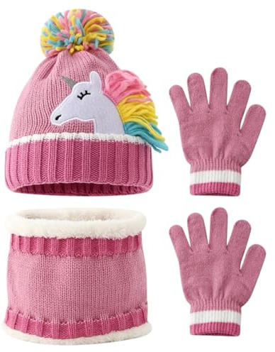 3 Pièces Bonnet Echarpe et Gants Ensemble pour Enfant, Chapeau Tricoté d'hiver Chaud avec Motif Licorne et Pompon, Tour de Cou Enfant avec Doublure, Hiver Accessoires Set pour Fille 3-6 Ans (Rose 1)