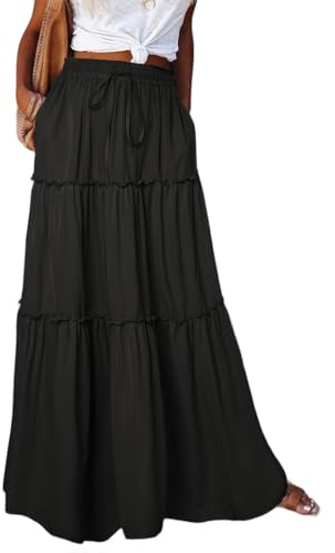 PANOZON Jupe Longue pour Femme élégante Taille Haute Robe de Cocktail Jupe midi évasée(L,Noir)