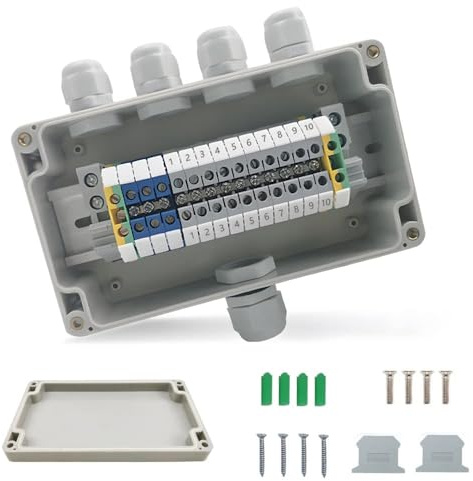 JINXIAN kit de bloques de conexión de carril DIN abrazadera de paso UK 2,5 | Caja de Derivación Resistente Al Agua IP66 con Caja de Distribución Montaje en Superficie 1 en 4 Salidas para Proyectos