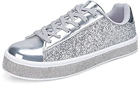 UUBARIS Damen Glitzer Tennis Sneakers Neon Dressy Sparkly Sneakers Strass Bling Hochzeit Brautschuhe Glänzende Pailletten Schuhe, Silber Glitter, 37 EU