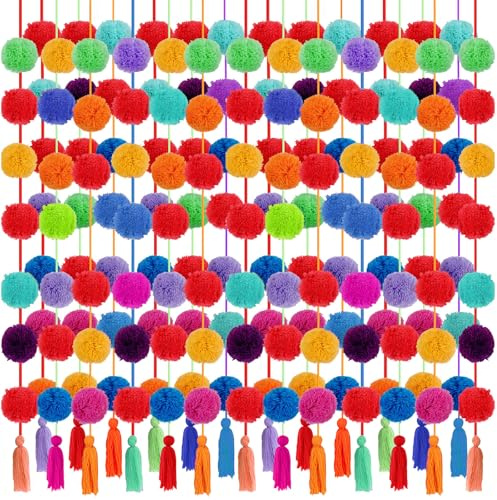 Jecery 12 Pcs 59 ft Mexican Yarn Pom Pom Tassel Garland Large Fiesta Rainbow Hanging Garland Fiesta Party Decor for Home Wedding Birthday Party Decorations