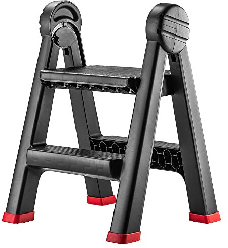 KADAX Workshop Folding Ladder, 47 x 44 x 63 cm Plastic Step Ladder, Folding Step with 2 Steps, Maximum Load 150 kg, Step Ladder, Office Step Stool, (2 Steps / Black)