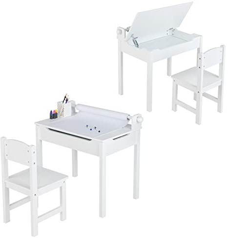 COSTWAY Set Tavolo e Sedia d’Arte per Bambini 3+ Anni, Scrivania in Legno di Pino da Disegno con Portarotolo, Piano Ribaltabile & Vano Portaoggetti, Rotolo di Carta 10m e 2 Pennarelli (Bianco)