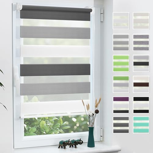 Grandekor Doppelrollo Klemmfix ohne Bohren 75x110cm Stoffbreite 75cm Weiß-Grau-Anthrazit Fenster Rollos für innen Klemmrollos Duo Rollos für Fenster ohne Bohren Privatschutz UV-Schutz Zebrarollo
