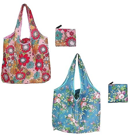 2 Stück wiederverwendbare Einkaufstaschen, umweltfreundliche Flip-Einkaufstaschen, florale Handtasche, faltbare Tragetasche, geeignet zum Einkaufen, Lebensmitteleinkauf, Einkaufen, Arbeit (Rosa, Blau)