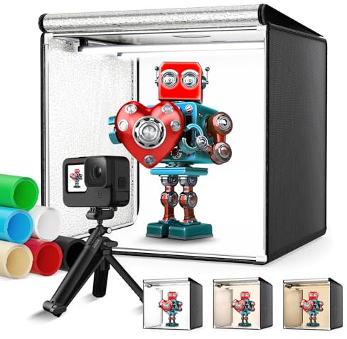 Caja de Luz Fotografía 60X60CM, Couleeur 5600K Plegable Estudio Fotográfico con 126LEDs Ajustables y 6 Tableros de Fondo de Fotografía de PVC, CRI 95+ Light Box Adecuada para Exhibición de Productos