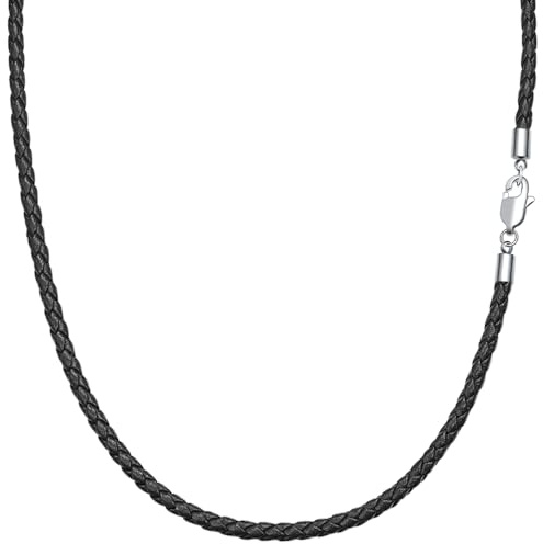 Viwind Lederkette Geflochten Kunstleder Halskette Edelstahl Verschluss 3mm breit Damen Herren Kette für Anhänger charm 45-60cm wählbar DIY Lederschnur (45cm, Schwarz)