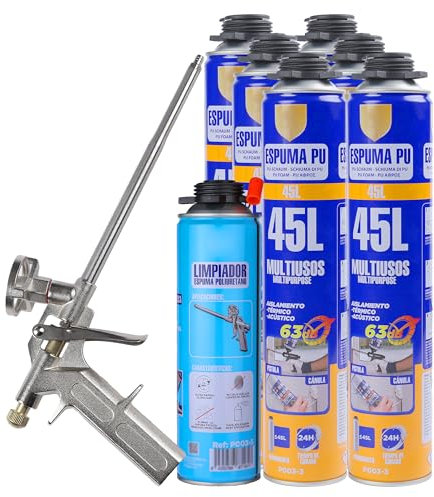 Kit de Aplicación de Espuma de Poliuretano - Incluye 6 Botes de 750ml, 1 Pistola de Aplicación y 1 Limpiador de Espuma 500ml - Ideal para Sellado y Aislamiento
