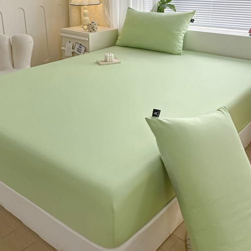 KnSam Betttuch mit 2er Kissenbezüge 150x200cm Set 3tlg Hotel, Bettlaken Unterlage Einfarbig Matcha Grün Faltenresistent und Ausbleichen, Baumwolle Laken für Bett für Boxspringbett & Wasserbett