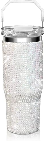 30oz Bling Rhinestone Studded Tumbler with Top Handle, Bling Cups Stainless Steel Water Bottle Diamond Glitter Tumbler for Women - Birthday Gifts for Women, Mom,Get Well Soon Gifts (Pearl)