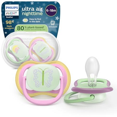 Philips Avent Sucettes de nuit ultra air - Tétines orthodontiques, pour bébés de 6 à 18 mois, phosphorescentes, en silicone souple d'origine végétale, sans BPA, lot de 2, SCF376/29