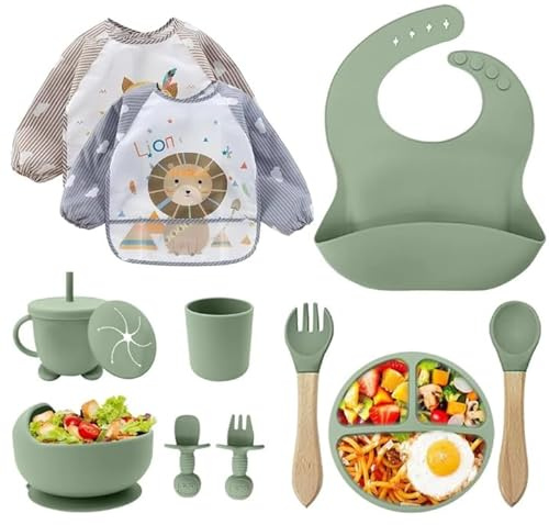 Bestickset för bebisar, silikon 12 delar, BPA-fri barntallrik med sugkopp, dryckeskopp med sugrör, silikonhaklapp, skål, träsked, babybestick – diskmaskinssäker