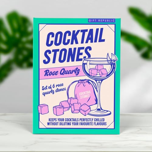 Gift Republic Piedras de cóctel de cuarzo rosa – Juego de 6 enfriadores de bebidas naturales reutilizables con bolsa de cordón – Elegante alternativa de hielo para licores y cócteles – Elegante regalo