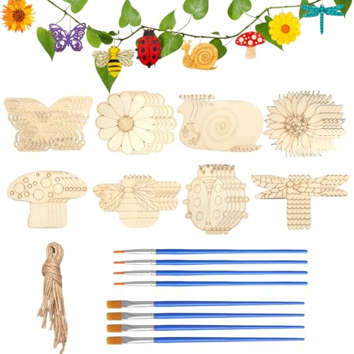 Colgantes de Madera para Pintar 40PCS, figuras de madera para pintar, colgantes maderas para pintars, decoración animales niños, manualidades niños, animales maderas para pintars 8 diseños 2 cuerdas