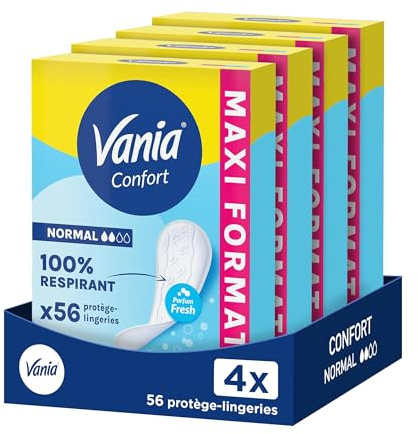 Vania | Protège-Slips Confort Normal Parfum Fresh (boîte de 56 pièces) – Protège-lingeries 100% respirant et confortables – Protection hygiénique avec ajustement parfait et tenue optimale (Lot de 4)
