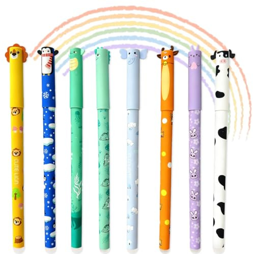 THQAE 8 stycken raderbara gelpennor, raderbar kulspetspenna, bläck raderbara pennor djur raderbar penna för skolmaterial kontorsmaterial, 0,5 mm