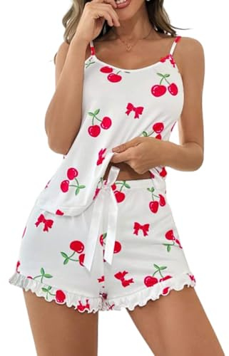 Gatamiau 2 Piezas Pijama Top Sin Mangas Pantalones Corto Conjunto de Pijama y Camisola Sexy Mujer Estampado Cerezas Ropa de Dormir con Tirantes Y2k Traje de Casa