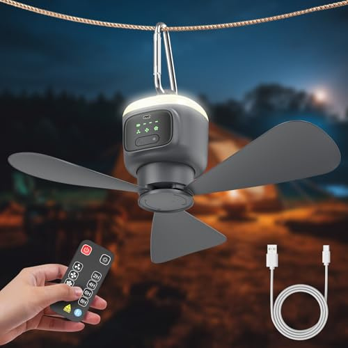 Ventilatore da soffitto con illuminazione da campeggio, ventilatore da soffitto ricaricabile con luce e telecomando, USB, timer, adatto per camera da letto, terrazza, ombrellone, sala attrezzi
