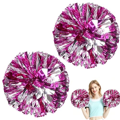 2 Pcs Pom Poms Cheerleading, Pink Plastic Cheerleader Pom Poms, Metal Foil Cheer Ball, Suitable for Sports Teams, Dance Performances, Parties and Celebrations