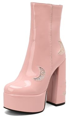 TNMIUH Stivali con Zeppa Donna, Stivaletti con Tacco Alto 14cm, Stivali a metà Polpaccio con Motif Luna Brillante in Pelle Verniciata, Scarpe da Festa Bianco, Nero, Rosa,Rosa,42 EU
