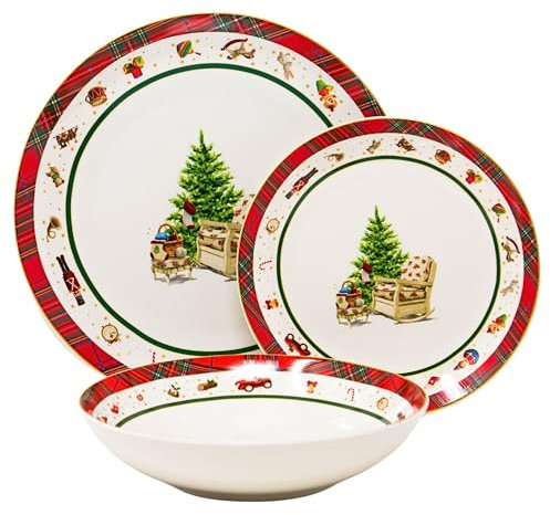 NAMAI -Set Piatti Natale Per 6 Persone - Adatta alla Lavastoviglie - Porcellana -18 Pezzi - Servizio Natalizio (SCOZZESE TONDO)