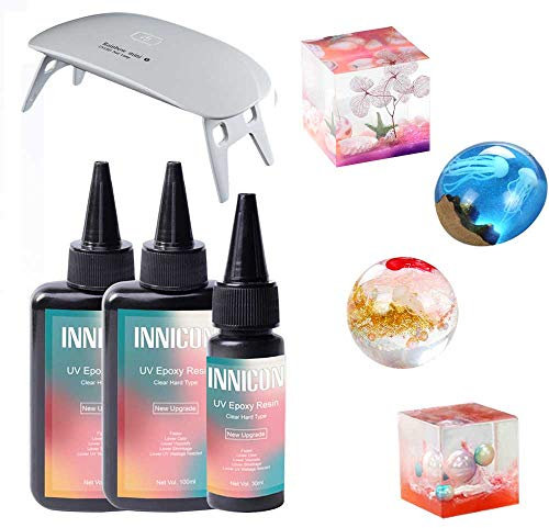 UV-harts Epoxy Lim Gel Set, 230 ml Giftfri Transparent Hård typ Härdbar, DIY Örhänge Tillbehör för Silikon Muolds Hängen Örhängen Halsband Armband, med bärbar lampa