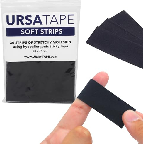URSA Tape Stretchy Moleskin Fabric Tape | 30 Strips, Heavy-Duty Blister Prevention, No-Residue Bandages for Feet & Body Tape for Fabric | Black Moleskin (3.14 x 0.98in)