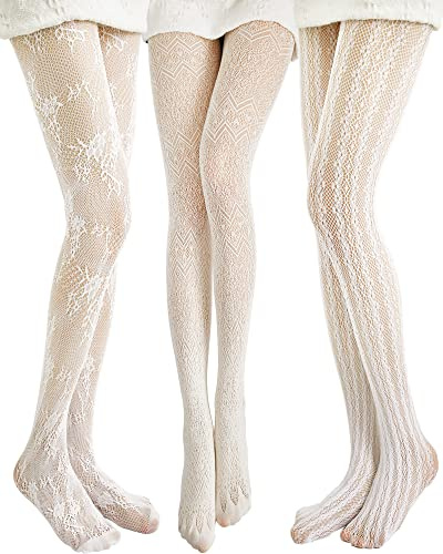 JaGely 3 Pieces Women Fishnet Hollow out Knitted Patterned Tights Chiffon Lace Stockings Tights Vertical Strips (Retro Style), One Size