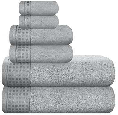 GLAMBURG Ultra Soft 6er-Pack Baumwoll-Handtuch-Set, enthält 2 übergroße Badetücher 70 x 140 cm, 2 Handtücher 40 x 60 cm und 2 Waschbetten 30 x 30 cm, Umweltfreundlich und 100% recycelbar, hellgrau