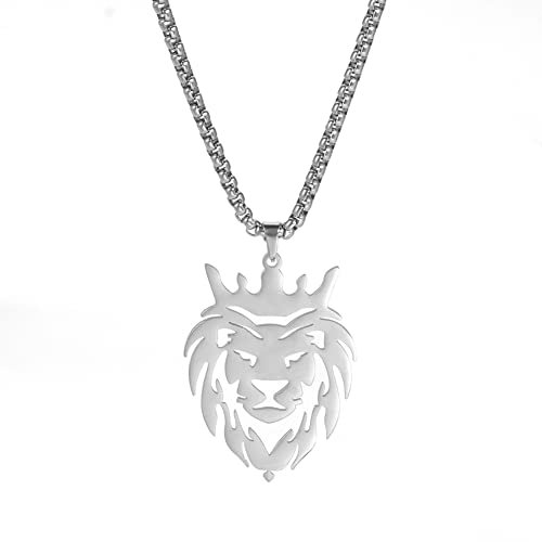 Dreamtimes Löwe mit Königskrone Halsketten für Männer Jungen Punk Tier Edelstahl Anhänger Halskette Herrenkette Modeschmuck Gothic Punk Rock Herren Anhänger Halskette (Silber)