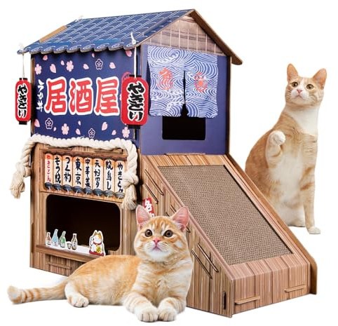 opbodqo Cardboard Cat House for Indoor Cats,Cat Bed with Cat Toys,Cat Tunnel with Cat Scratching Posts,Large Cat Houses & Condos,Suitable for Kitty of All Weights,29.5inx28.5inx18in.