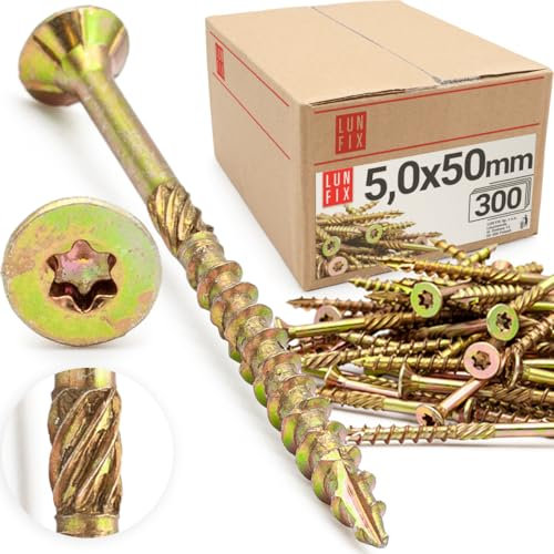 Vis à bois Torx 5,0 x 50 mm (300 Pièces), tête fraisée avec nervures de fraisage, universelle jaune zinguée en acier pour aggloméré, panneau bois, terrasse, menuiserie et charpente, Lun Fix