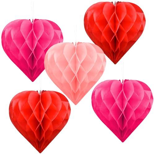 Valentine's Day Party Decoration Set - 5 Pack 12in Heart Honeycomb & Ball Tissue Paper Pom Poms in Red, Love-Inspired Honeycomb Hearts Ideal for Wedding & Classroom Decorations