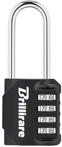 Brillirare Vorhängeschloss, Langer Bügel, Zahlenschloss 4 Stellig Vorhängeschloss Mit Zahlencode Metall, Schloss mit Zahlencode Wetterfest für Spind Fitnessstudio Werkzeugkasten (Schwarz)