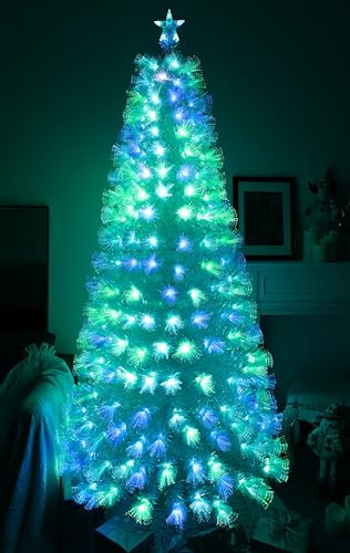 Asinse 7ft White Pre-lit Fiber Optic Artificial Christmas Tree, with 290 White PVC Branches, Multi-Color, Automatic Color Change,【Non-Adjustable】,Top Star, Foldable Metal Stand, Holiday Decor