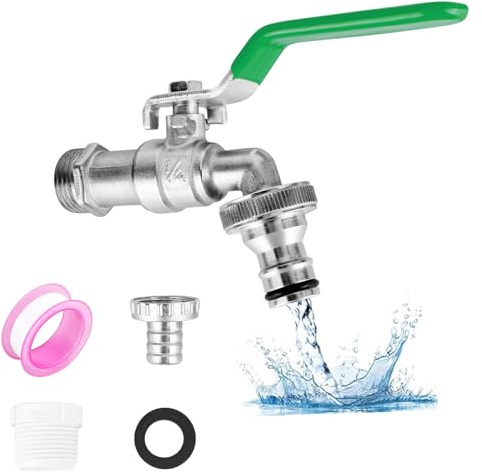 XCDMJ Universal Water Tap for The Garden Rust and Frost Resistant 1/2 Inch Brass Water Tap + 2 Hose Connections, 1x Roll Sealing Tape Premium, for Garden, Washing Machine, Rain Barrel, Household