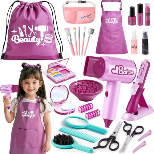 G.C Set Peluqueria Juguetes Niña 3 4 5 6 Años,Kit Peluqueria Maquillaje con Secador de Pelo & Plancha para el Pelo & Espejo & Delantal & Maquillaje Falso, Peluqueria Juguete Regalos Navidad Niña