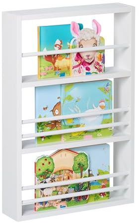 Relaxdays Librería Infantil Pared, 3 Repisas para Libros o Figuras, 60 x 40 x 10 cm, Estantería Niños Colgante, Blanco