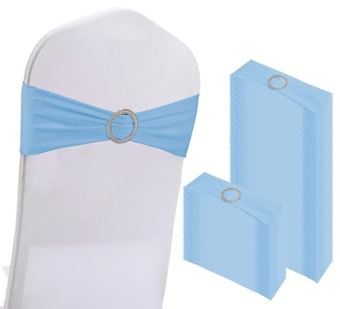 WJWHQ 100 bandas elásticas de elastano para sillas, lazos elásticos con hebilla deslizante para bodas, fiestas, recepciones, eventos, decoraciones universales de ceremonia y banquetes (azul bebé)