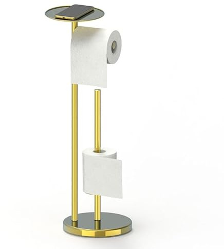 YUET Porte-papier toilette autoportant - Support de rangement pliant en acier inoxydable pour salle de bain, antirouille - Socle autoportant avec distributeur et étagère - Capacité de 5 rouleaux (Or)