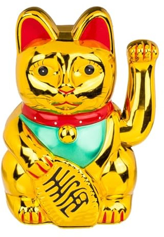 BLUECHOLON Gato de la Suerte Maneki-Neko Dorado, 21,4 cm de Alto, Decoración con Pilas (No Incluidas), en Caja de Regalo